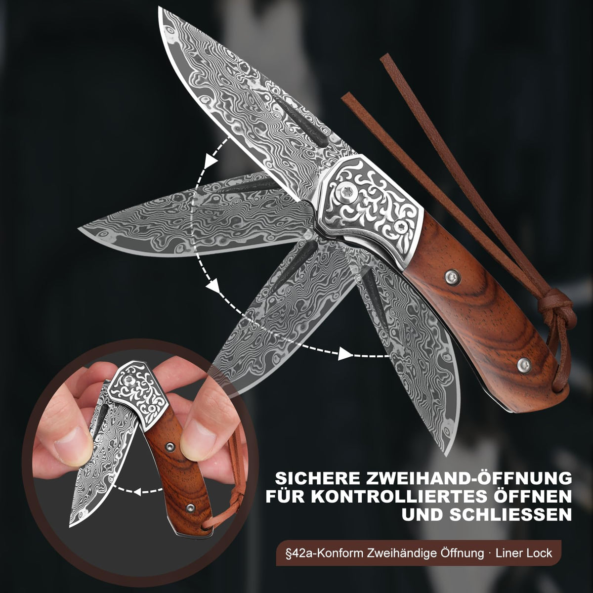 DRACHENADER 5.51" Damascus Folding Knife with Wood Handle