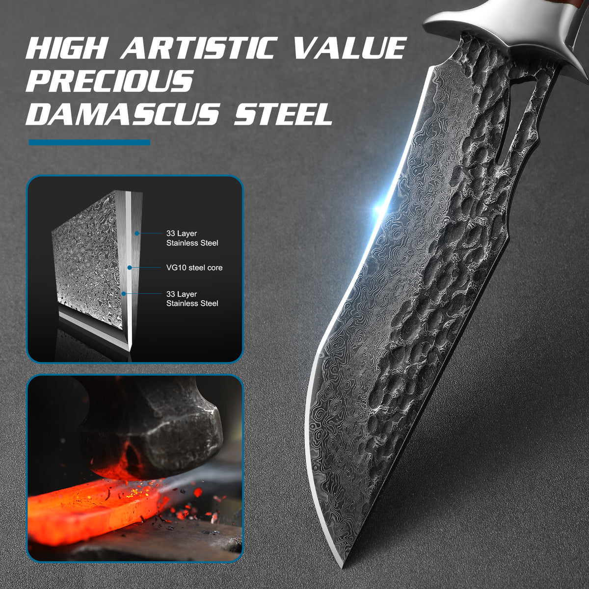 DRACHENADER Damascus Hunting Knife, VG10 67-Layers Damascus Steel, Real Leather Sheath, Wood Handle
