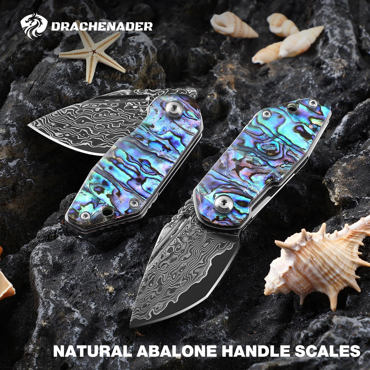 DRACHENADER Mini Damascus Folding Pocket Knife with Abalone Shell Handle Keychain