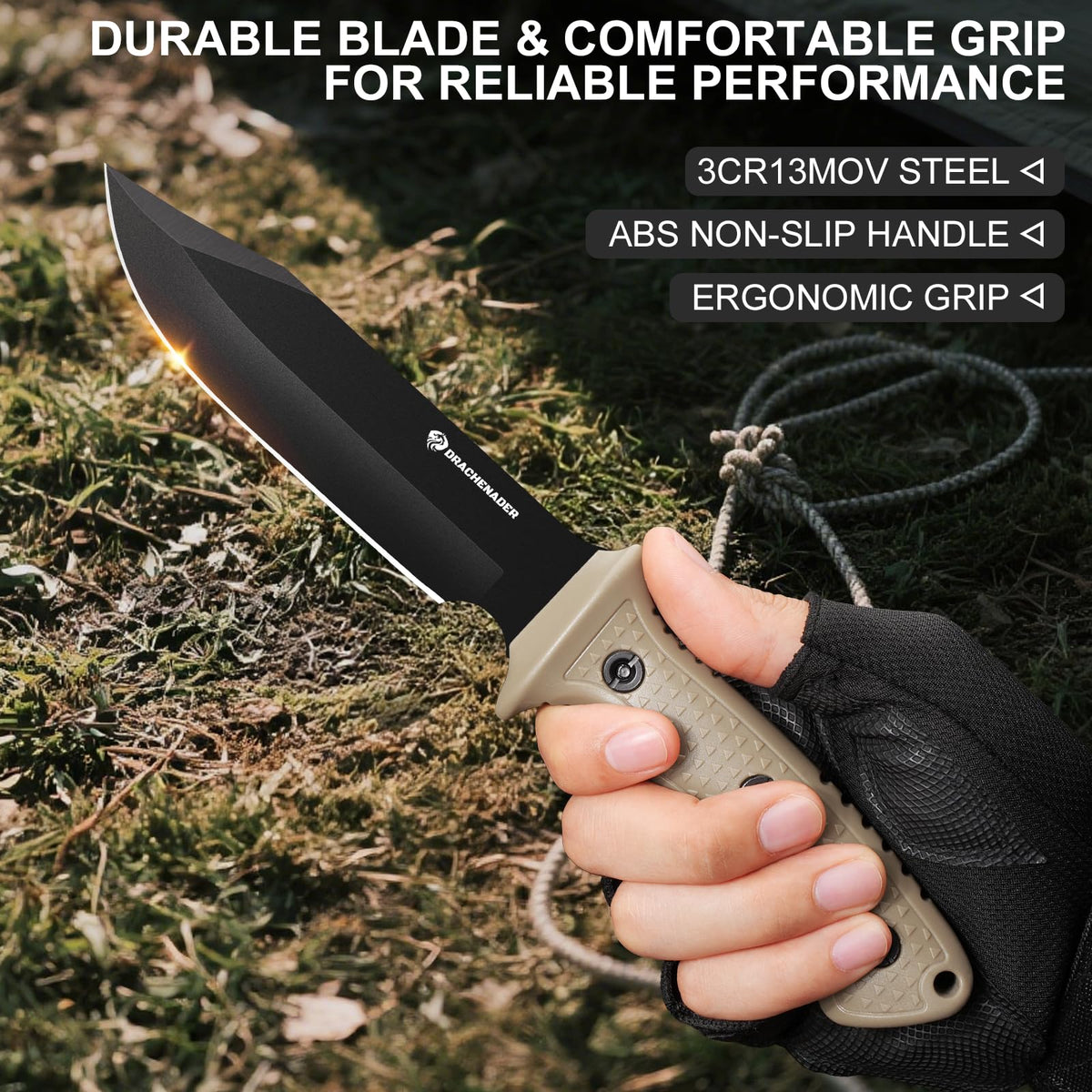 DRACHENADER 5Cr13MoV Drop Point Fixed Blade Knife with ABS Handle & Sheath