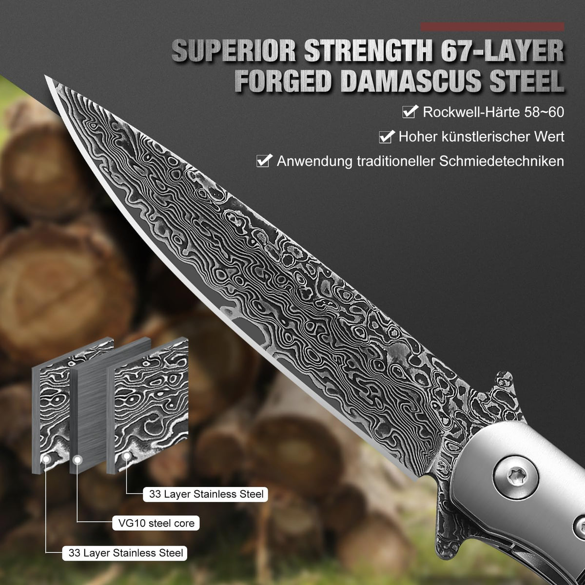 DRACHENADER Damascus Folding Knife with Wood Handle and Leather Sheath