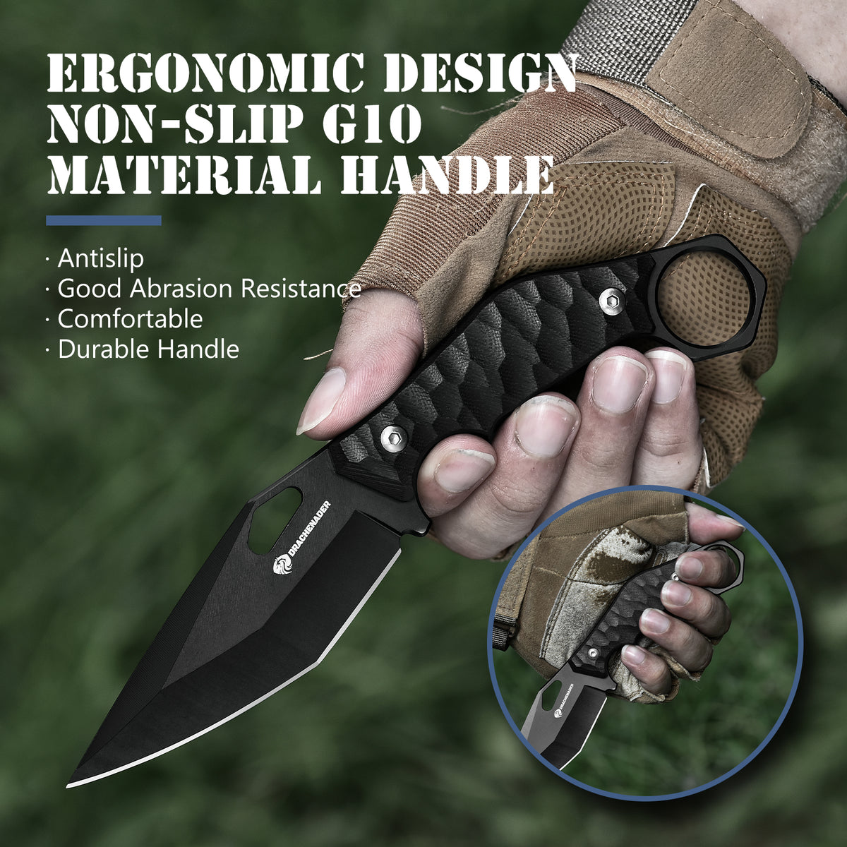 DRACHENADER 9" EDC Fixed Blade, SEAL-FULL BLACK, 5mm Thick Stainless Steel, G10 Anti-Slip Handle