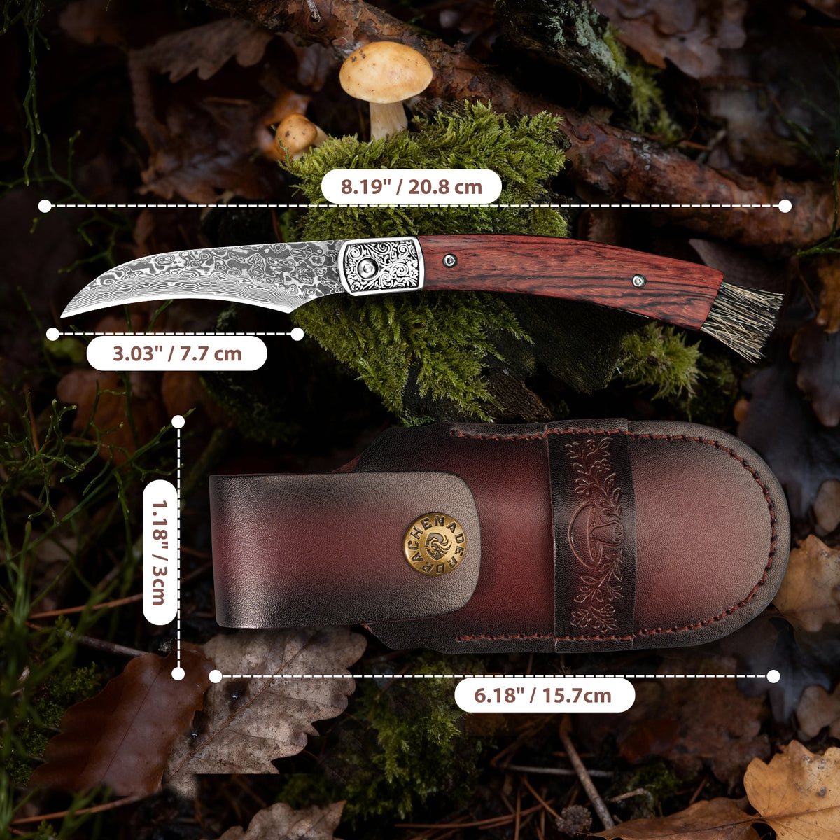 DRACHENADER Mushroom Knife with Brush,VG10 Damascus Steel Blade, Leather Sheath