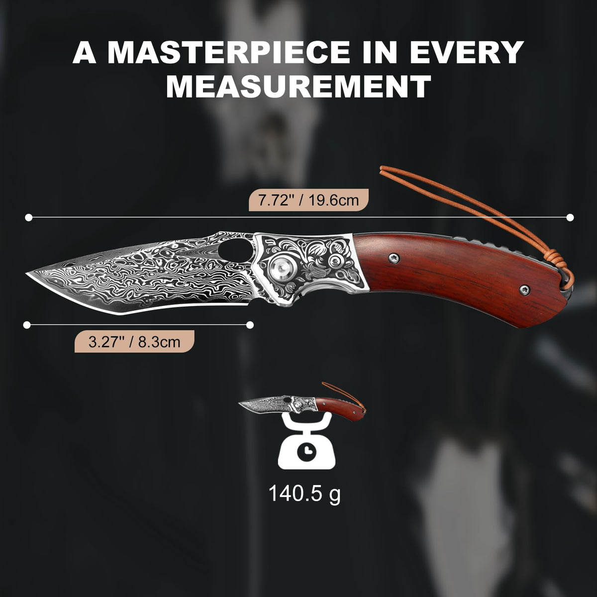 DRACHENADER Damascus Folding Knife with Wood Handle & Leather Sheath