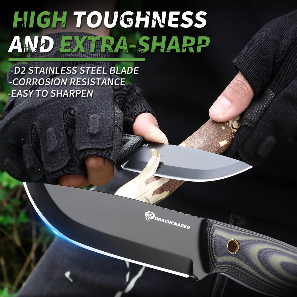 DRACHENADER Full Tang Fixed Blade D2 Knife with Sheath