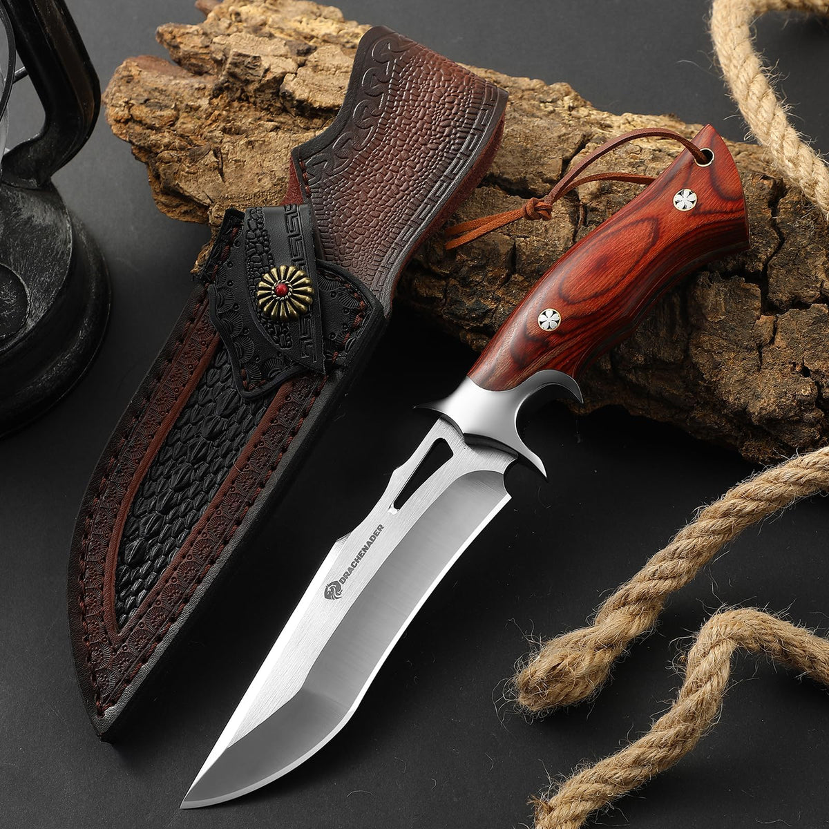 DRACHENADER 10.24" M390 Full Tang Fixed Blade Knife with Wood Handle and Leather Sheath