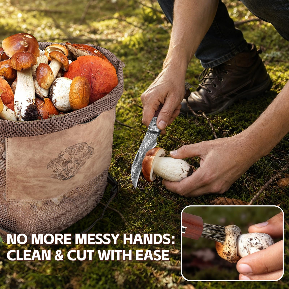DRACHENADER Mushroom Foraging Kit with Damascus Knife & Mesh Bag