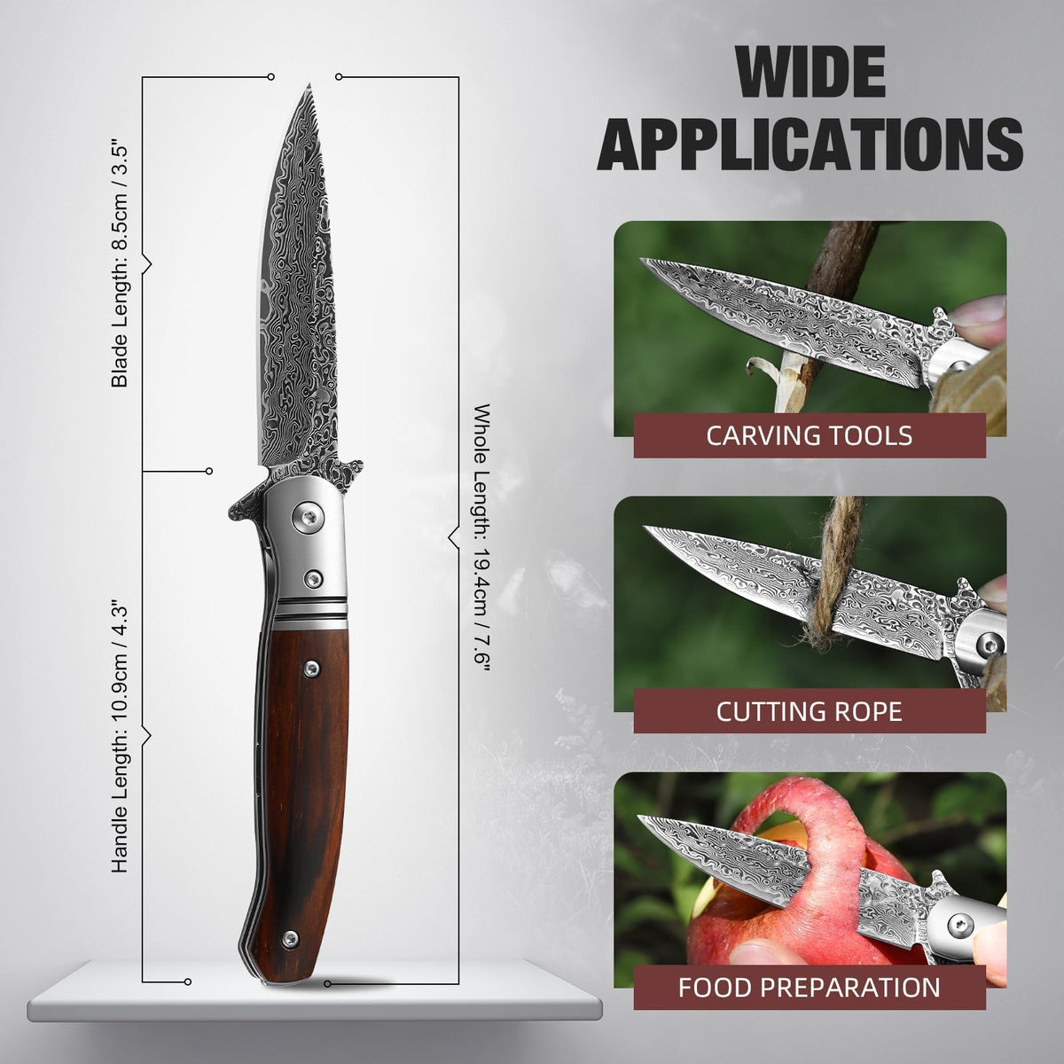 DRACHENADER Damascus Folding Knife with Wood Handle and Leather Sheath