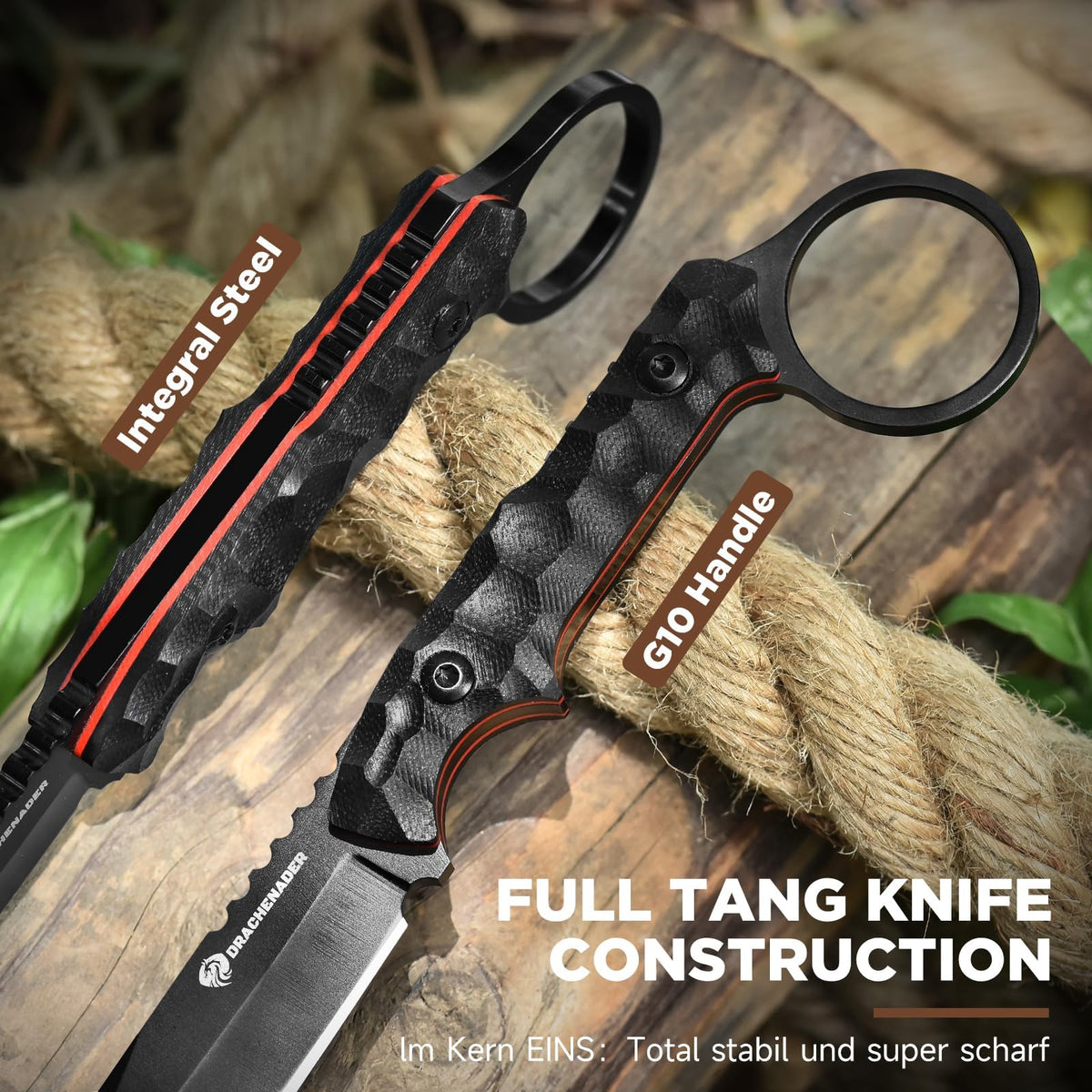 DRACHENADER 7.08" 5Cr13MoV Full Tang Fixed Blade Knife with Finger Ring & Kydex Sheath