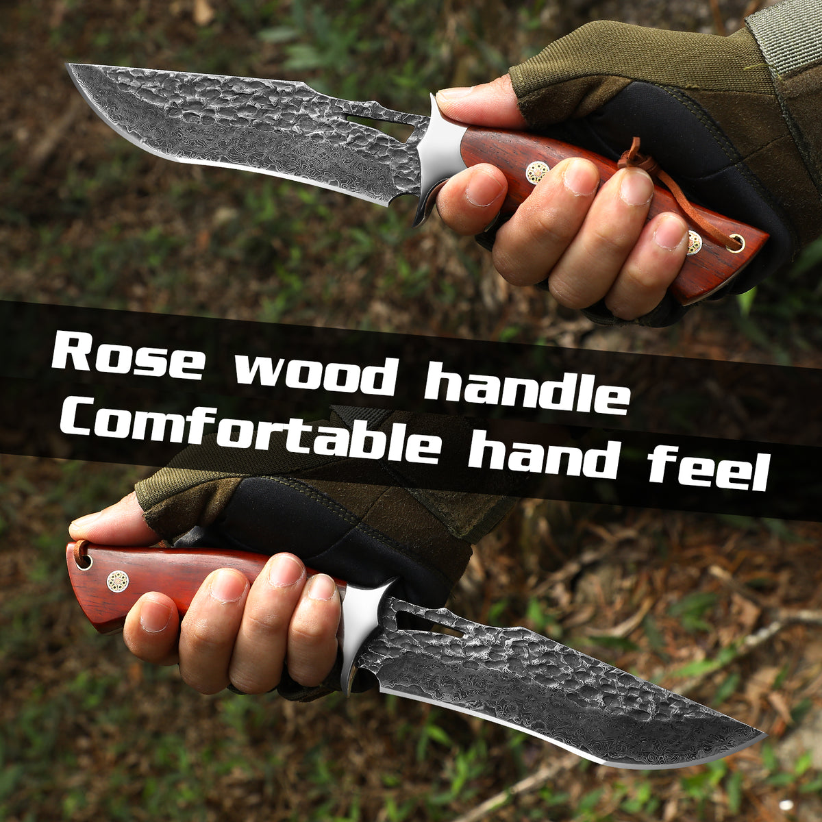 DRACHENADER Damascus Hunting Knife, VG10 67-Layers Damascus Steel, Real Leather Sheath, Wood Handle