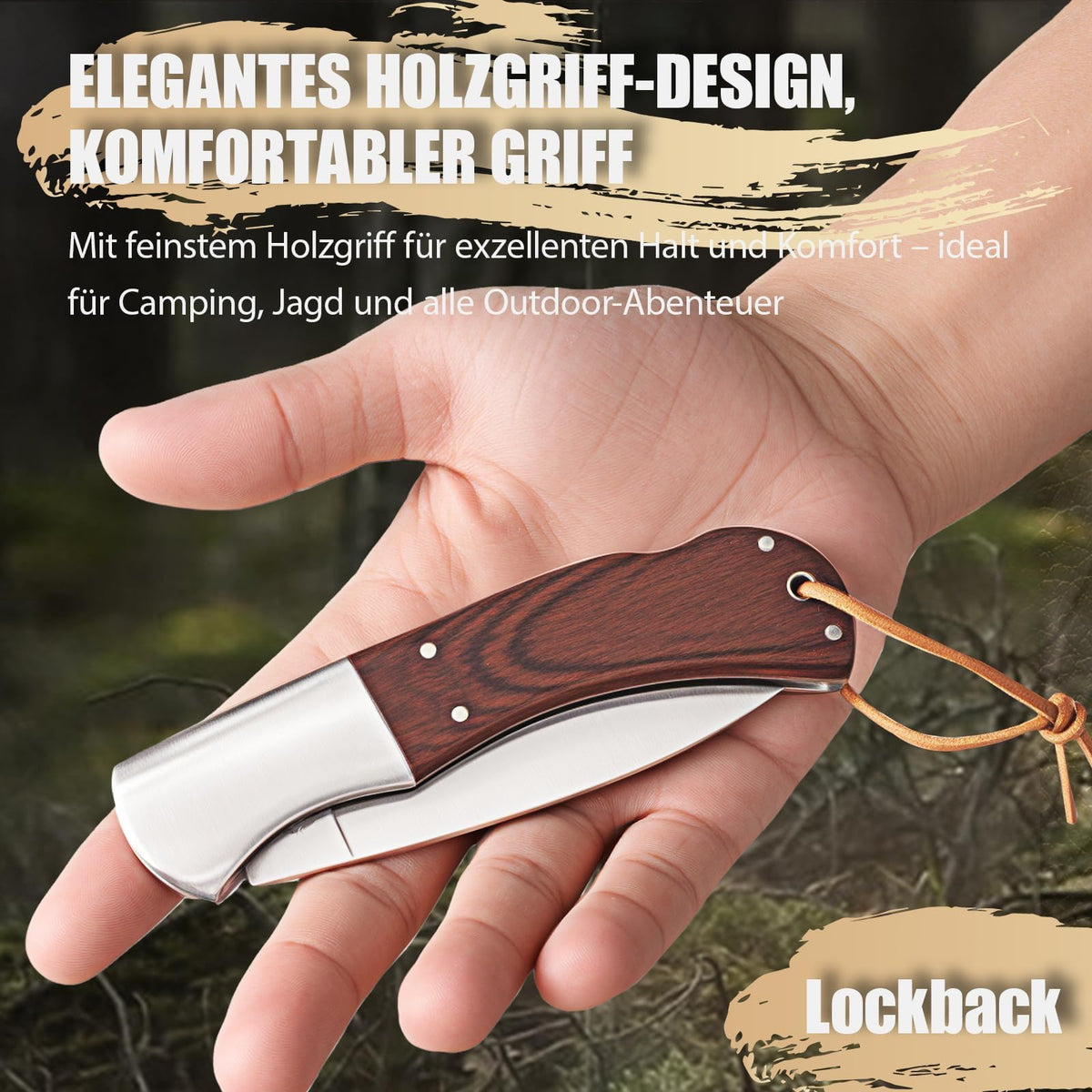 DRACHENADER 440C Two-Hand Opening Folding Knife with Wood Handle & Leather Sheath