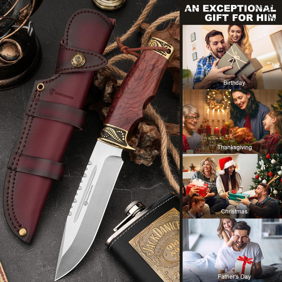 DRACHENADER 10.63" Fixed Blade Knife with Wood Handle and Leather Sheath