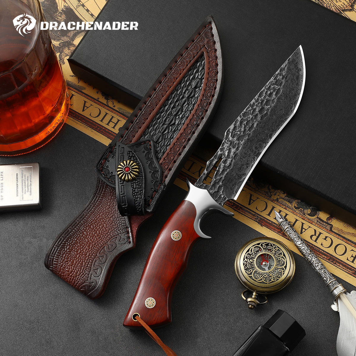 DRACHENADER Damascus Hunting Knife, VG10 67-Layers Damascus Steel, Real Leather Sheath, Wood Handle