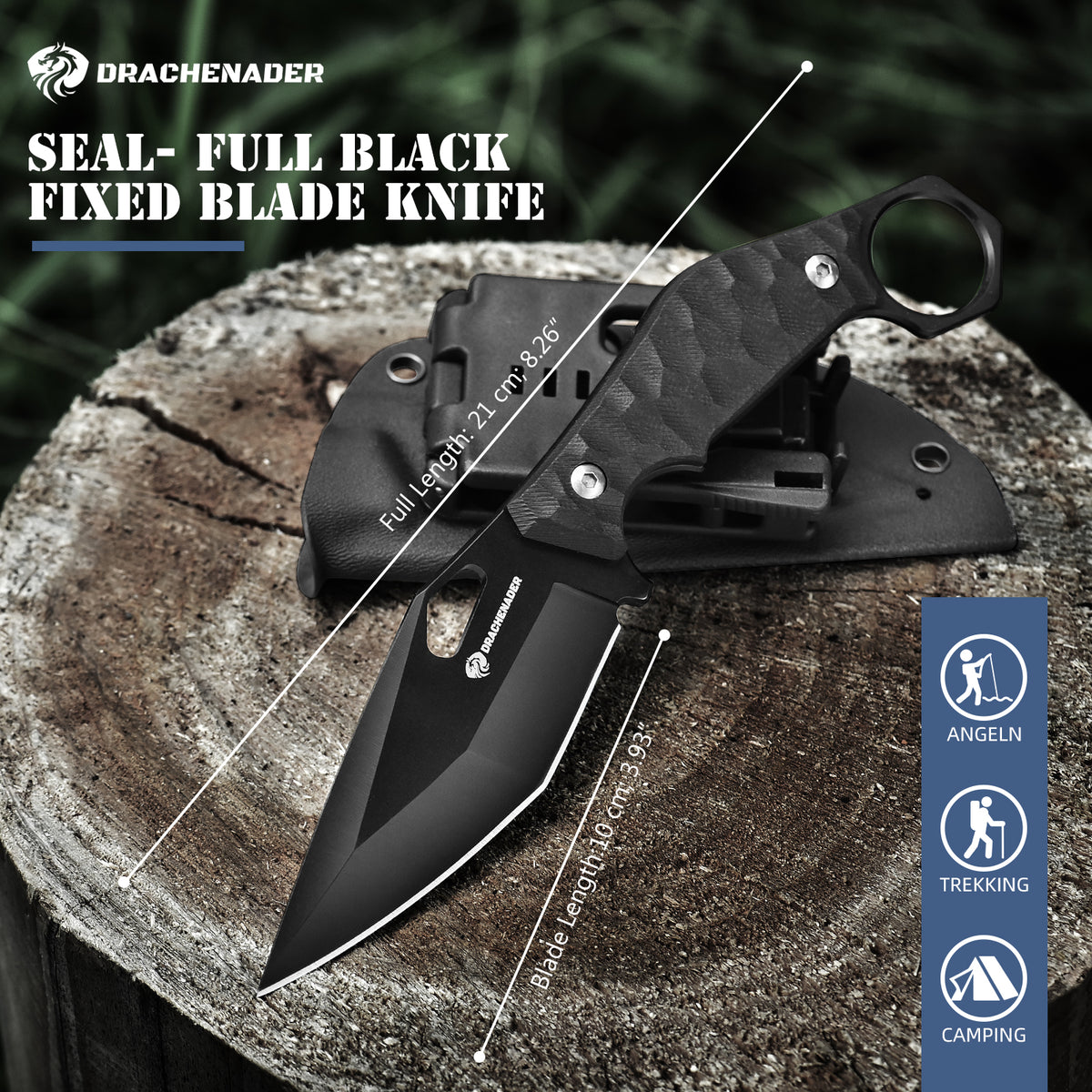 DRACHENADER 9" EDC Fixed Blade, SEAL-FULL BLACK, 5mm Thick Stainless Steel, G10 Anti-Slip Handle