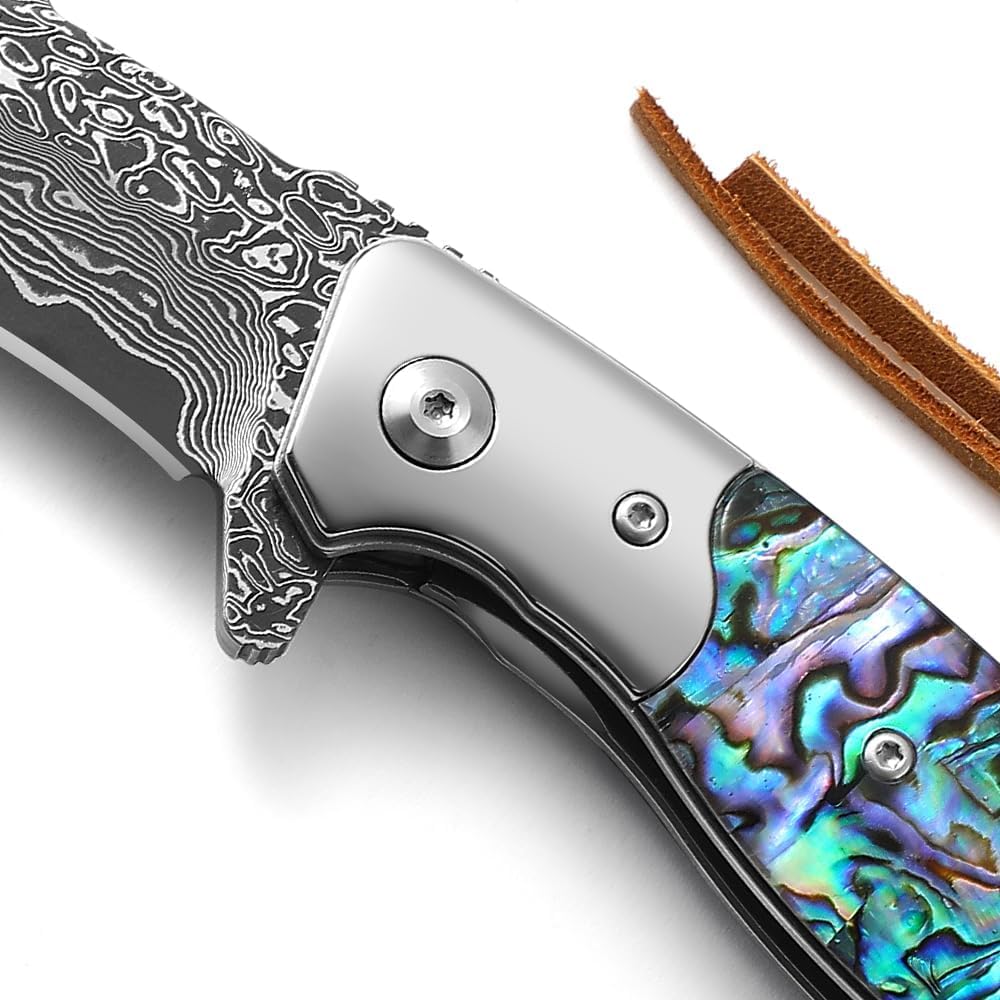 DRACHENADER Damascus Folding Knife with Abalone Handle and Leather Sheath