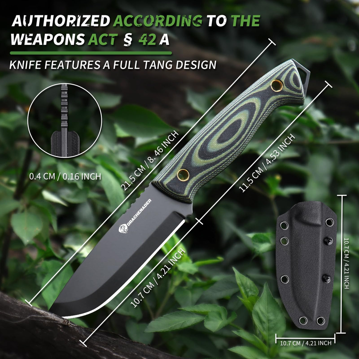 DRACHENADER Full Tang Fixed Blade D2 Knife with Sheath