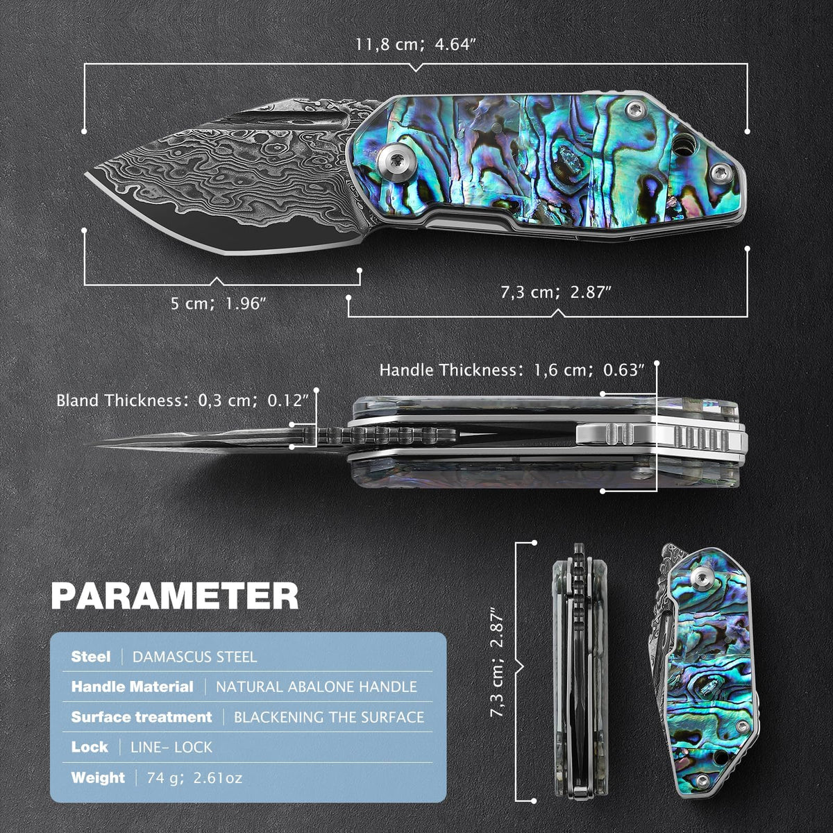 DRACHENADER Mini Damascus Folding Pocket Knife with Abalone Shell Handle Keychain