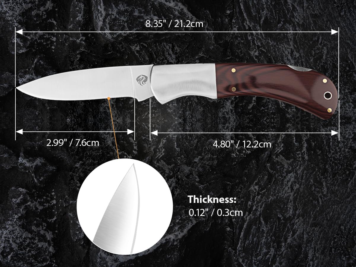 DRACHENADER 440C Two-Hand Opening Folding Knife with Wood Handle & Leather Sheath