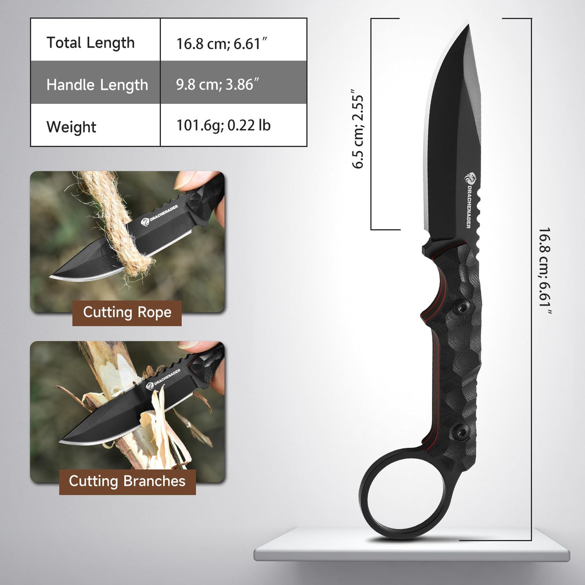 DRACHENADER 7.08" 5Cr13MoV Full Tang Fixed Blade Knife with Finger Ring & Kydex Sheath