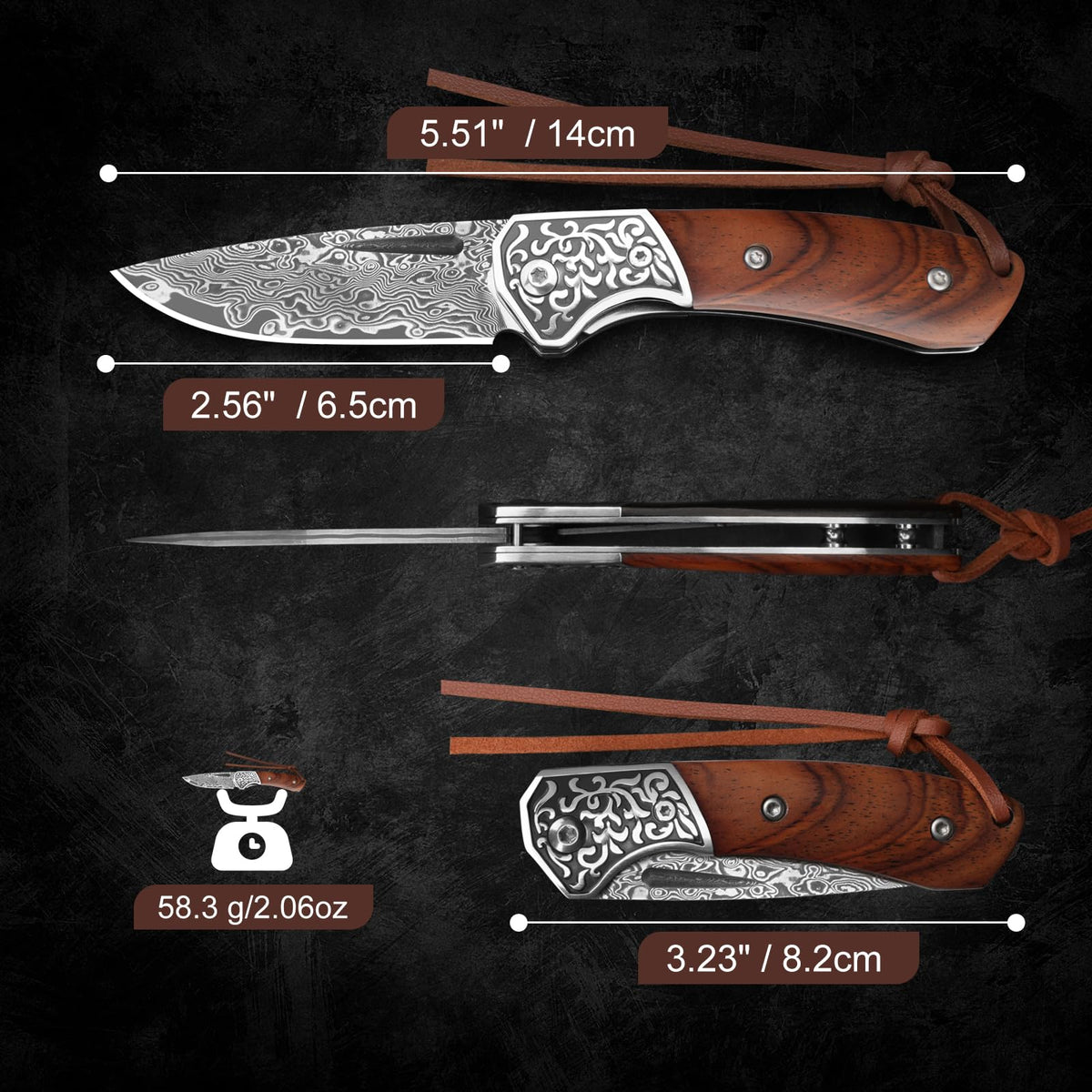 DRACHENADER 5.51" Damascus Folding Knife with Wood Handle