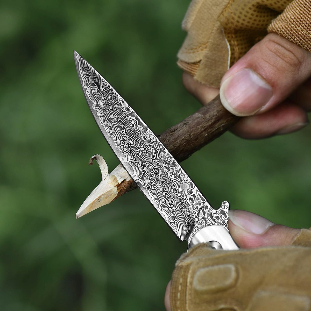 DRACHENADER Damascus Folding Knife with Wood Handle and Leather Sheath