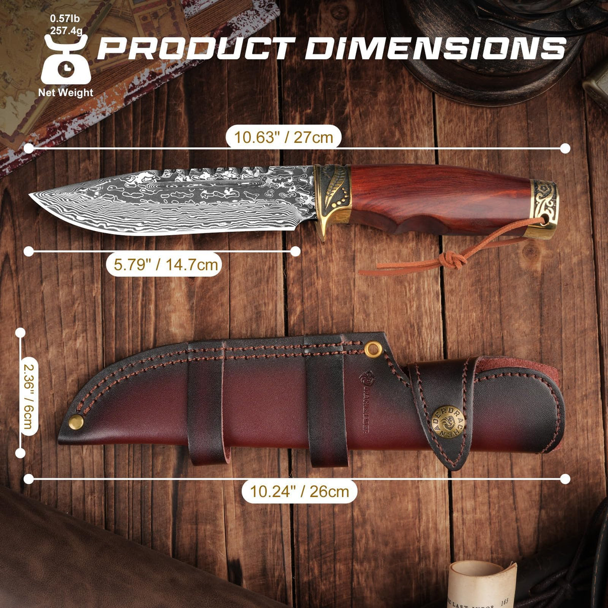 DRACHENADER 10.6" VG10 Damascus Fixed Blade Hunting Knife with Horizontal Leather Sheath