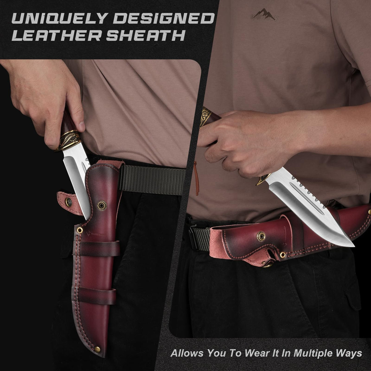 DRACHENADER 10.63" Fixed Blade Knife with Wood Handle and Leather Sheath