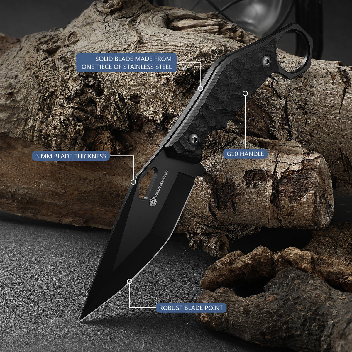 DRACHENADER 9" EDC Fixed Blade, SEAL-FULL BLACK, 5mm Thick Stainless Steel, G10 Anti-Slip Handle