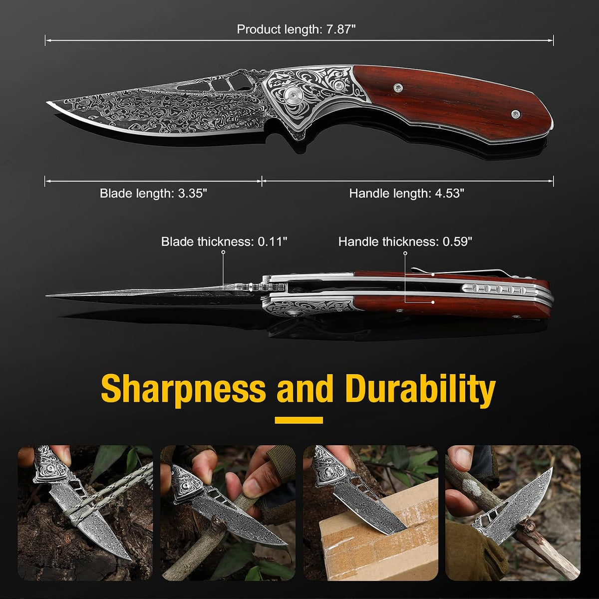 DRACHENADER Damascus Folding Pocket Knife with Wood Handle and Leather Sheath