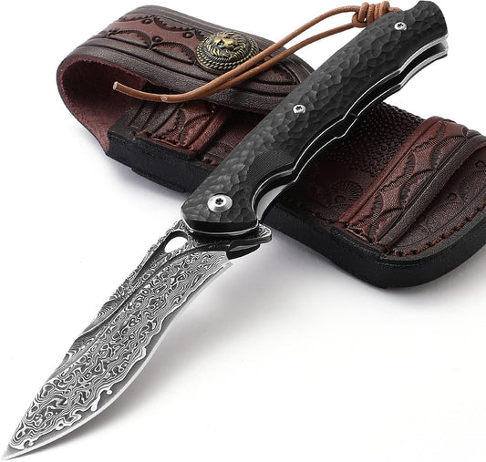 DRACHENADER Damascus Folding Pocket Knife with VG10 Steel Core and Ebony Handle