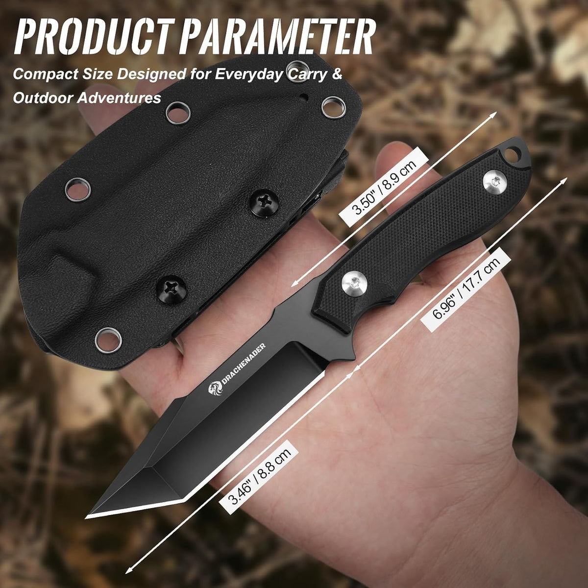DRACHENADER 3.46" D2 Full Tang Tanto Knife G10 Handle Horizontal Carry