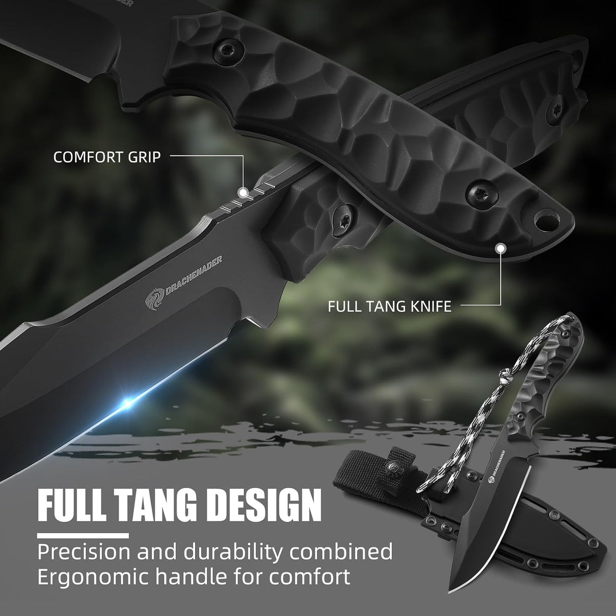 DRACHENADER 9.29" Drop Point Fixed Blade Knife with 5Cr14MoV Blade & Sheath