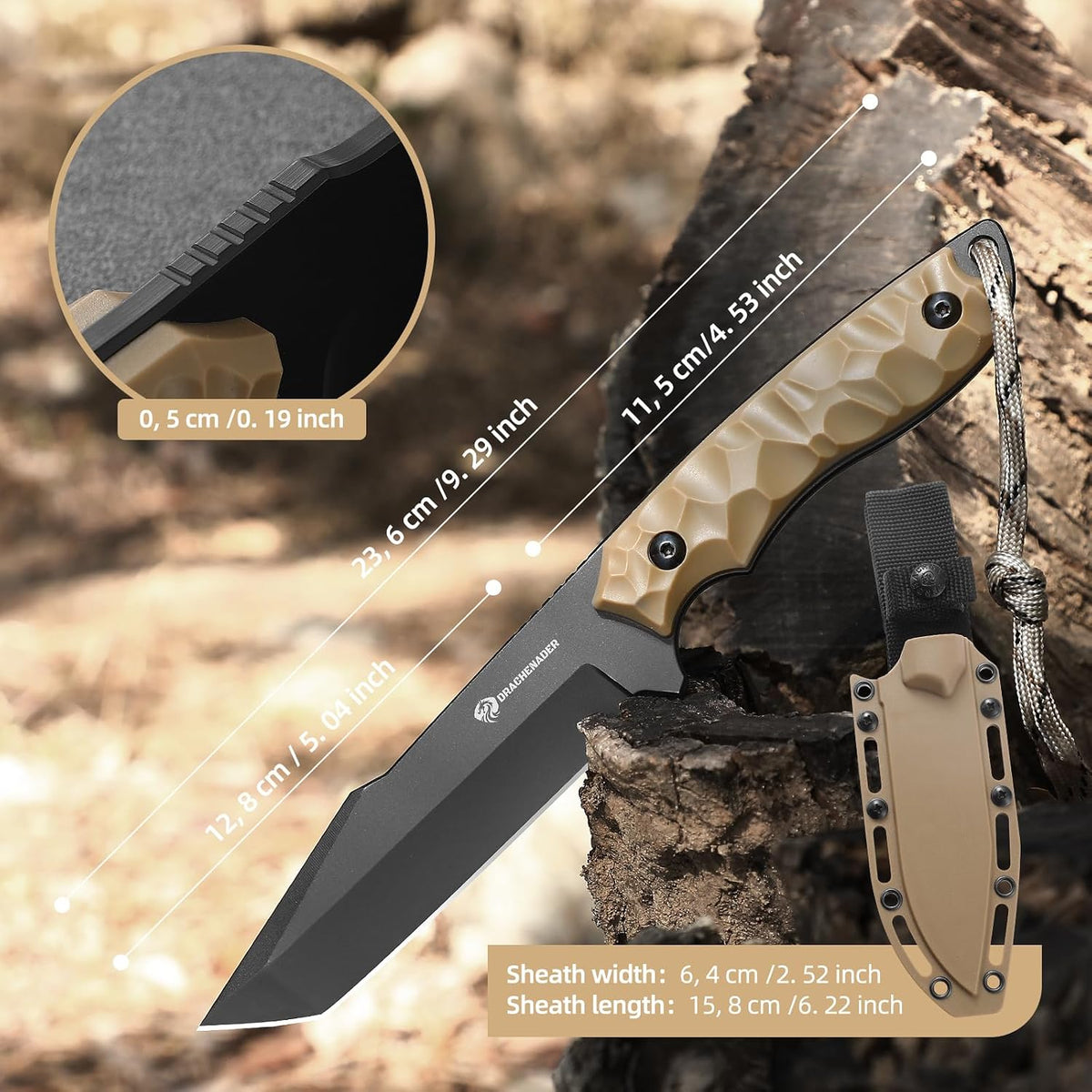 DRACHENADER 9.29" Tanto Fixed Blade Knife with 5Cr14MoV Blade & ABS Sheath
