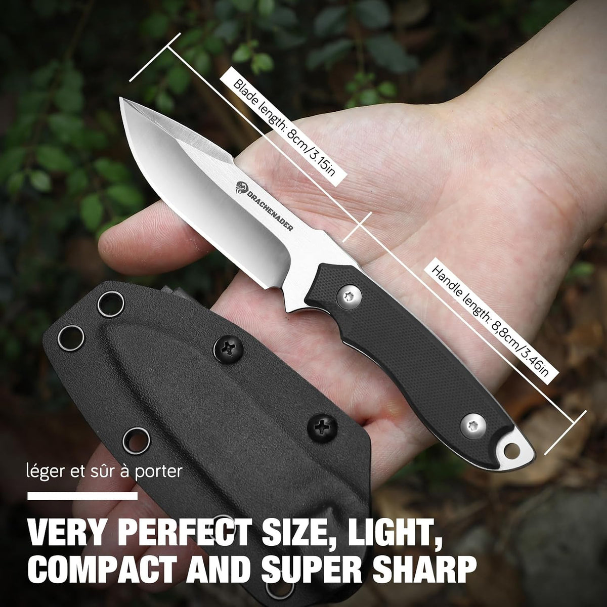 DRACHENADER 7" D2 Full Tang Fixed Blade Knife with G10 Handle & Kydex Sheath