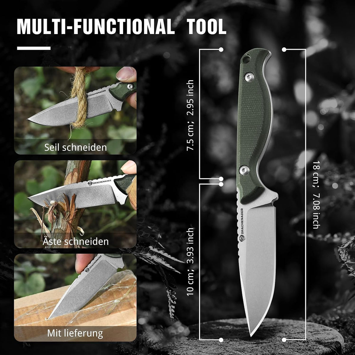 DRACHENADER GT3 7" Small Fixed Blade Knife with D2 Steel Micarta Handle and Kydex Sheath