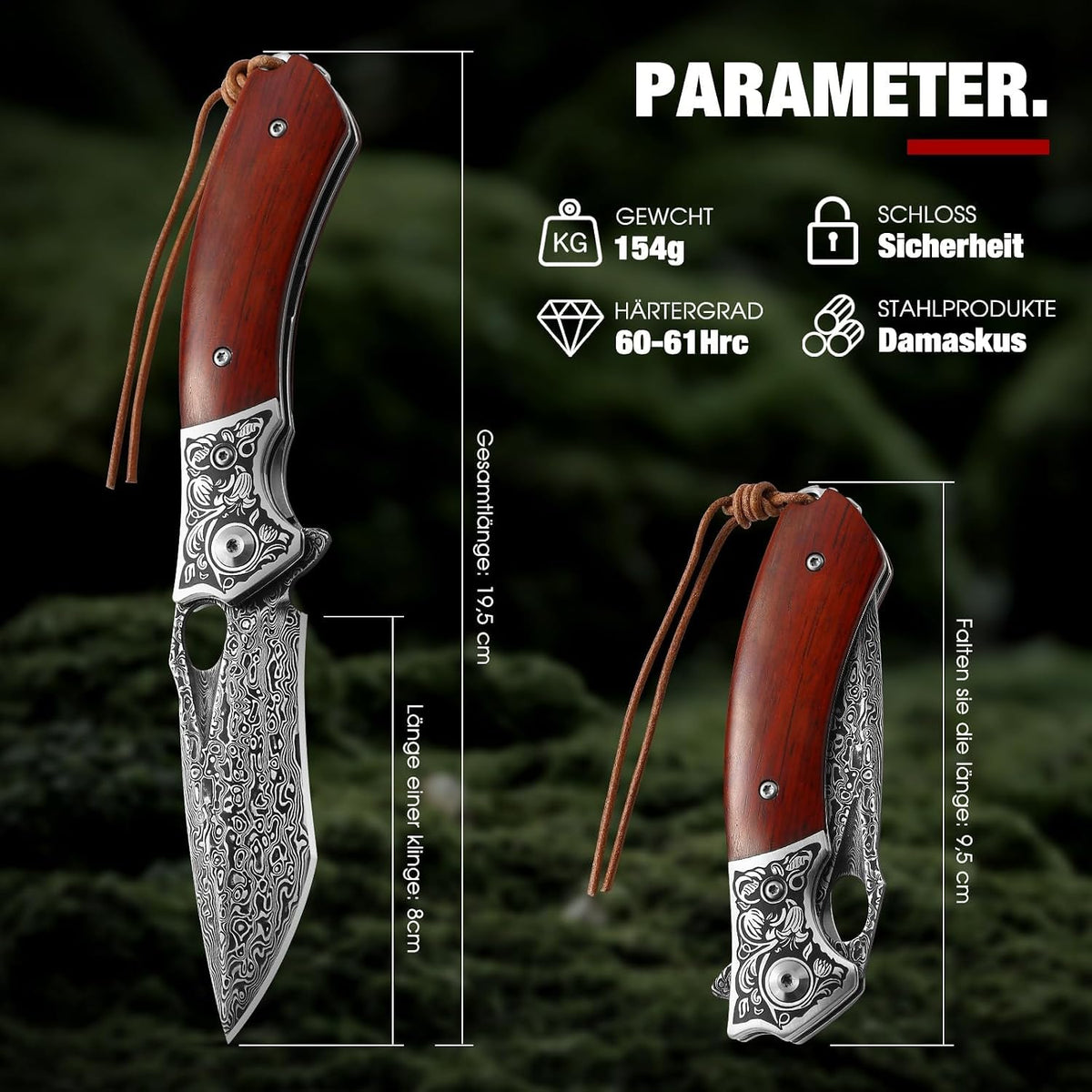 DRACHENADER  Damascus Steel Folding Knife with Leather Sheath