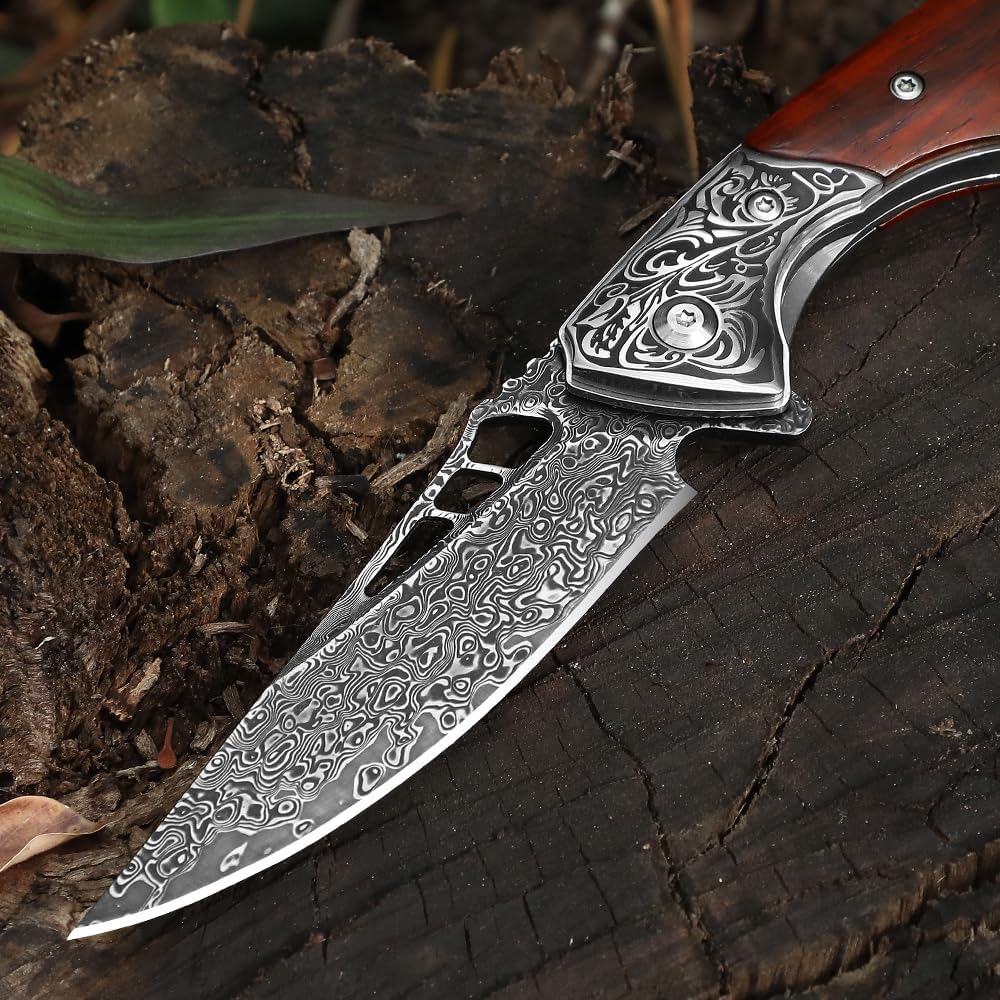 DRACHENADER Damascus Folding Pocket Knife with Wood Handle and Leather Sheath