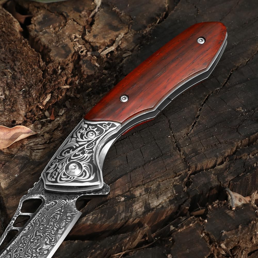 DRACHENADER Damascus Folding Pocket Knife with Wood Handle and Leather Sheath