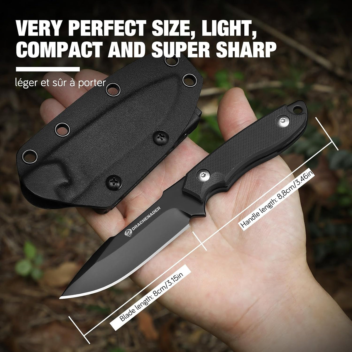DRACHENADER 7" D2 Steel EDC Fixed Blade Knife with G10 Handle and Kydex Sheath