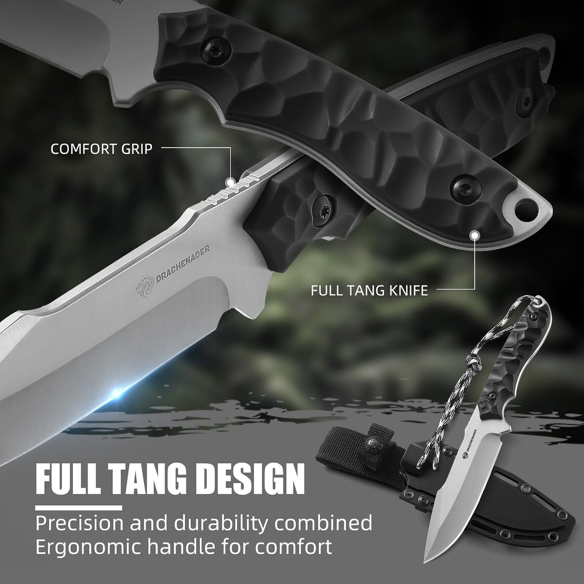 DRACHENADER 9.29" Drop Point Fixed Blade Knife with 5Cr14MoV Blade & Sheath