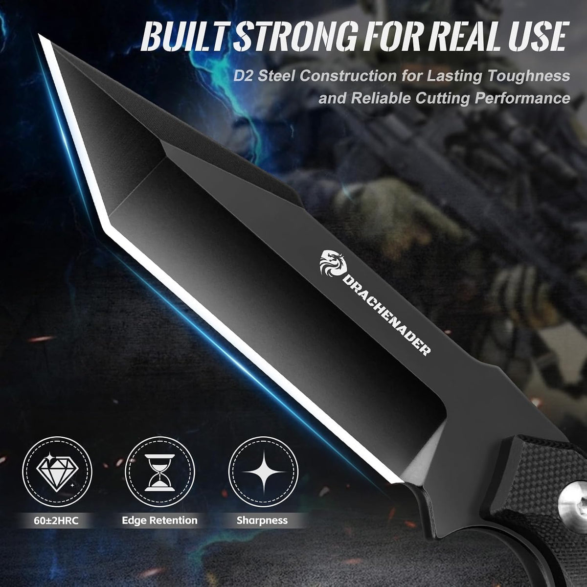 DRACHENADER 3.46" D2 Full Tang Tanto Knife G10 Handle Horizontal Carry