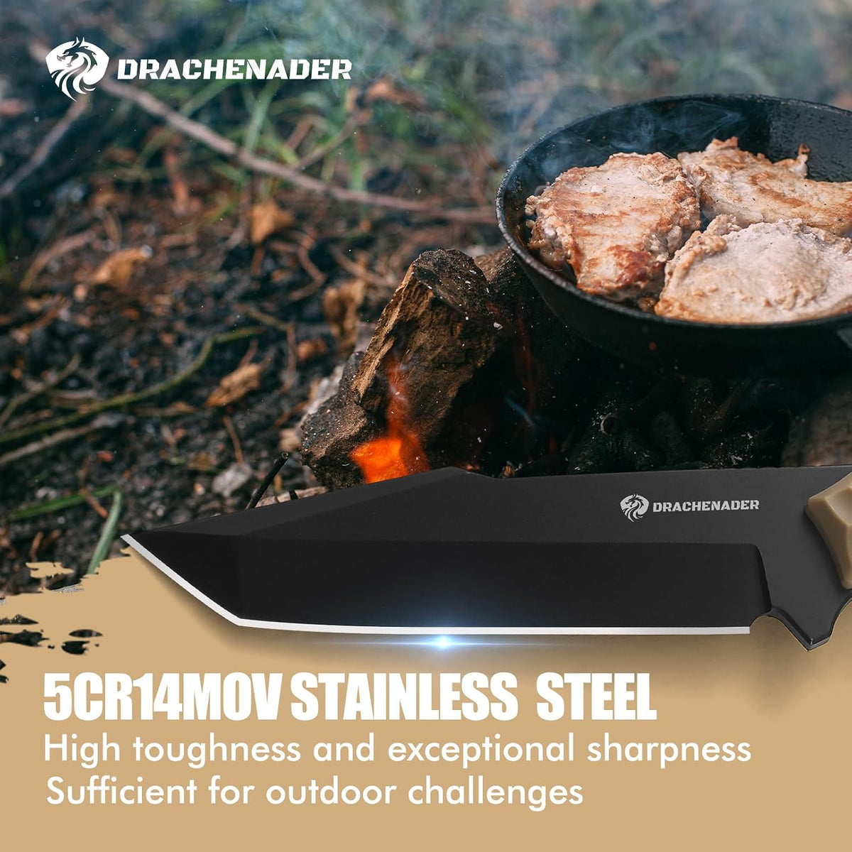DRACHENADER 9.29" Tanto Fixed Blade Knife with 5Cr14MoV Blade & ABS Sheath
