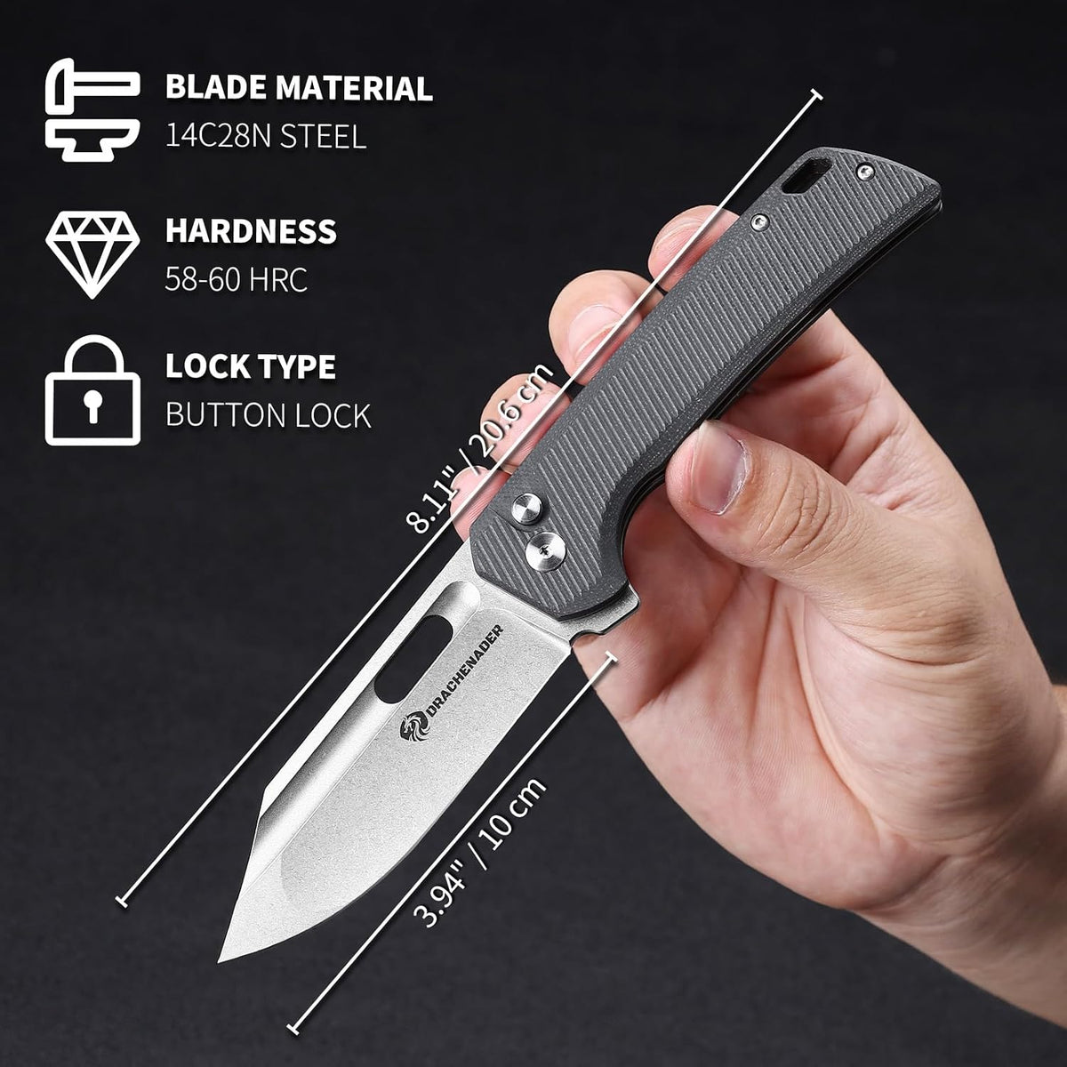 DRACHENADER 8" Folding Knife with 14C28N Blade G10 Handle Button Lock