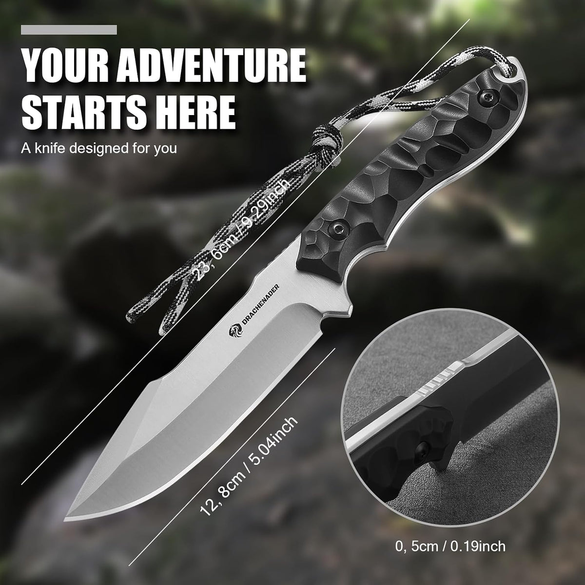 DRACHENADER 9.29" Drop Point Fixed Blade Knife with 5Cr14MoV Blade & Sheath