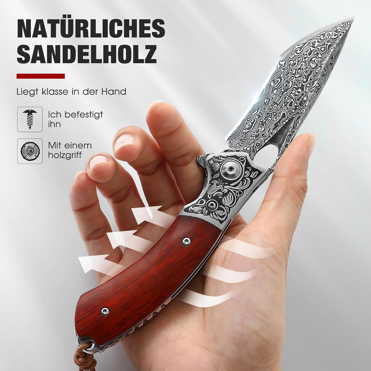 DRACHENADER  Damascus Steel Folding Knife with Leather Sheath