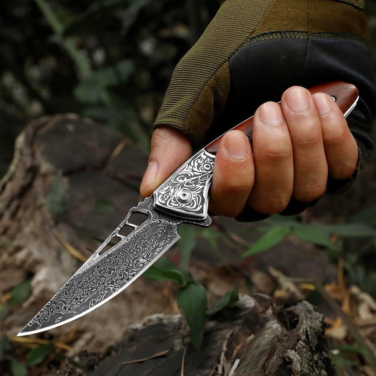 DRACHENADER Damascus Folding Pocket Knife with Wood Handle and Leather Sheath