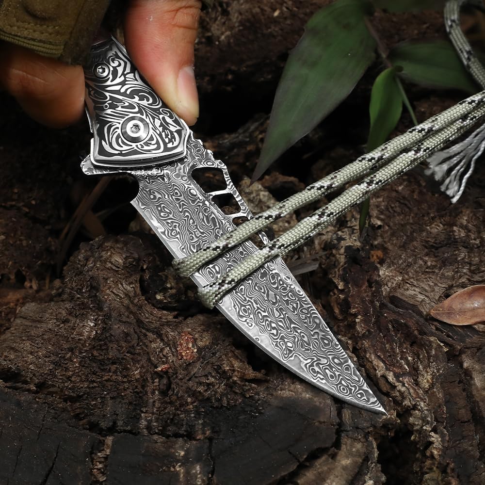 DRACHENADER Damascus Folding Pocket Knife with Wood Handle and Leather Sheath
