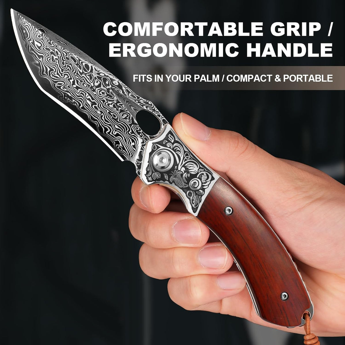 DRACHENADER 7.8" Damascus Folding Pocket Knife with Clip and Red Leather Sheath