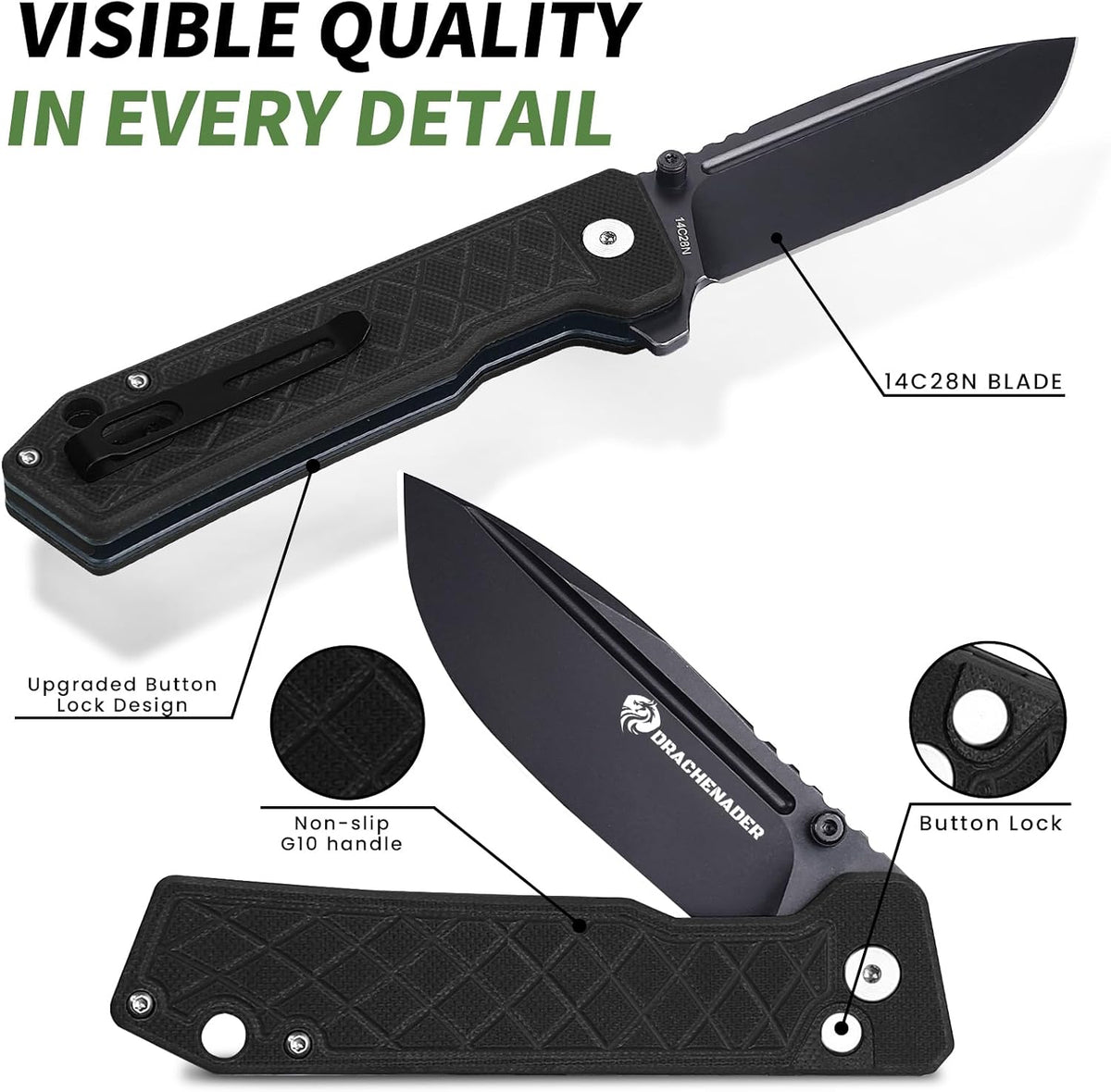 DRACHENADER 7.83" 14C28N Button Lock Folding Knife with G10 Handle