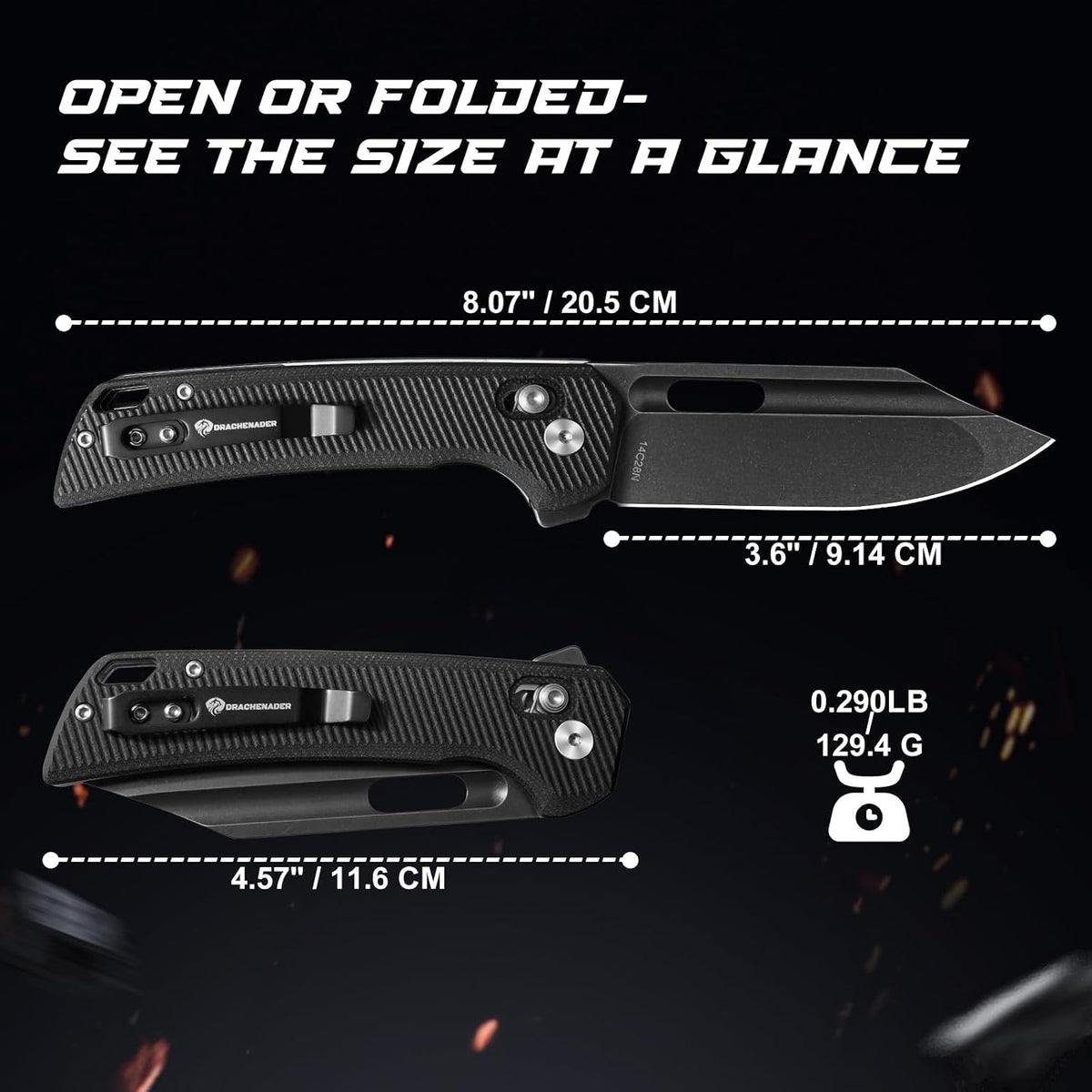 DRACHENADER 8" Folding Pocket Knife with 14C28N Steel Blade and G10 Handle